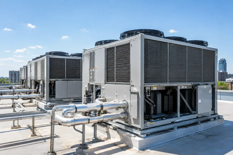Applied chillers sitting on a rooftop